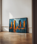Modern Cityscape Wall Art print in Blue and Orange for office decor