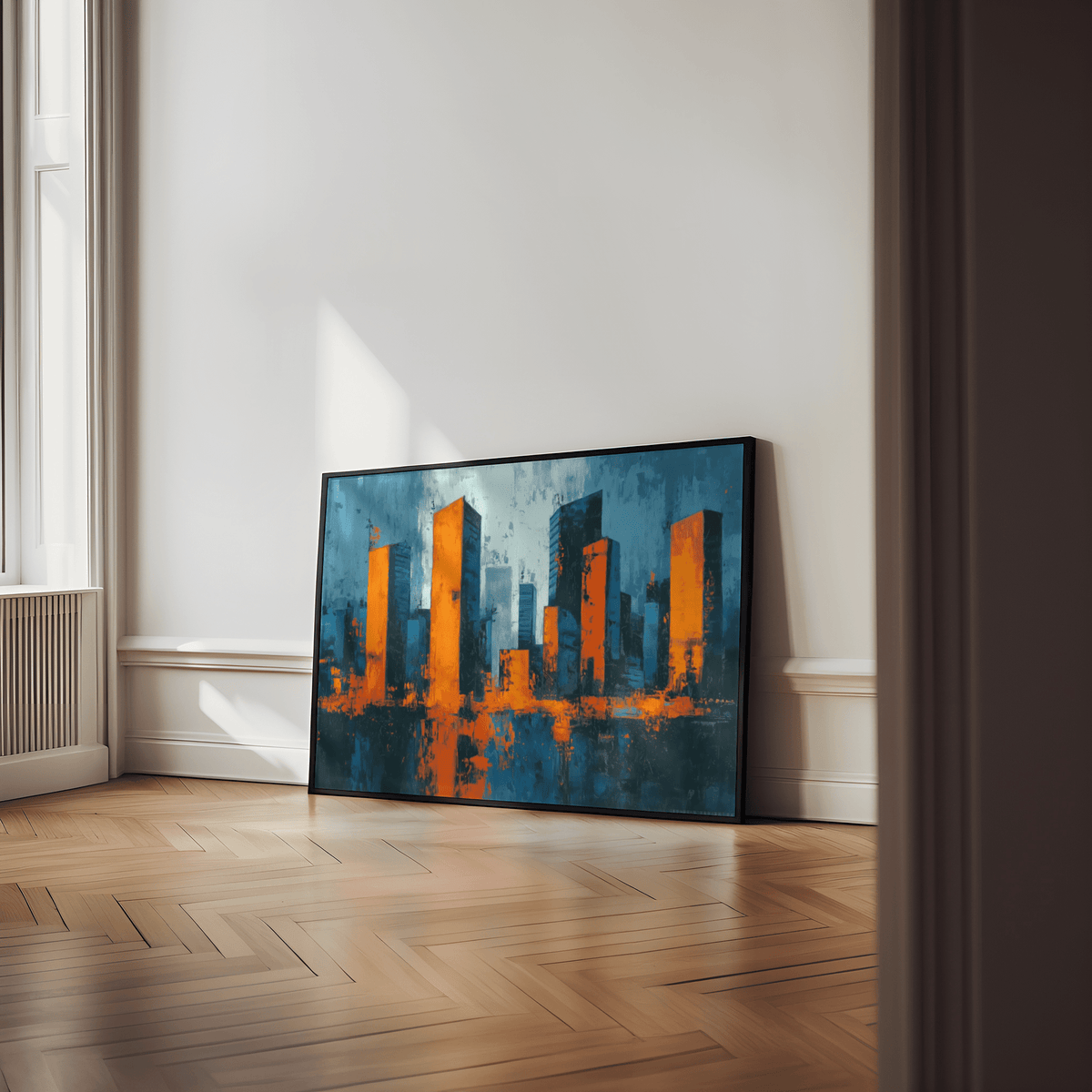 Modern Cityscape Wall Art print in Blue and Orange for office decor