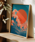 Japandi Waves Print decor in Blue and Red for dining room wall