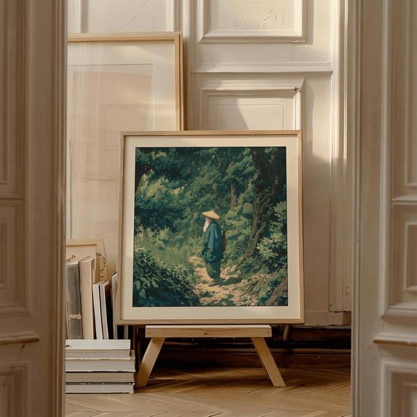 Full composition of Hasui Kawase vintage woodblock style print wall art with solitary figure in forest clearing