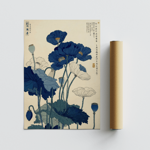 Japanese Poppy Wall Art, botanical art print with beige background for hallway