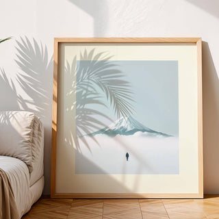 Serene japan travel poster with silhouette of traveler and peaceful mountain