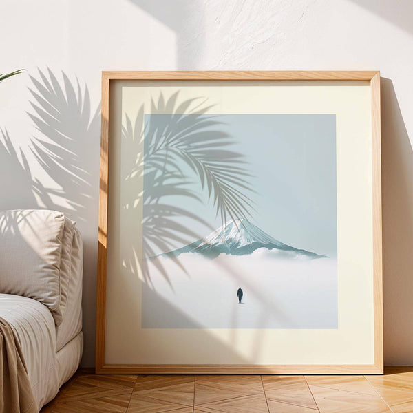 Serene japan travel poster with silhouette of traveler and peaceful mountain