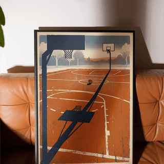 Wide perspective Outdoor Sports Wall Art poster showing two backboards and court markings