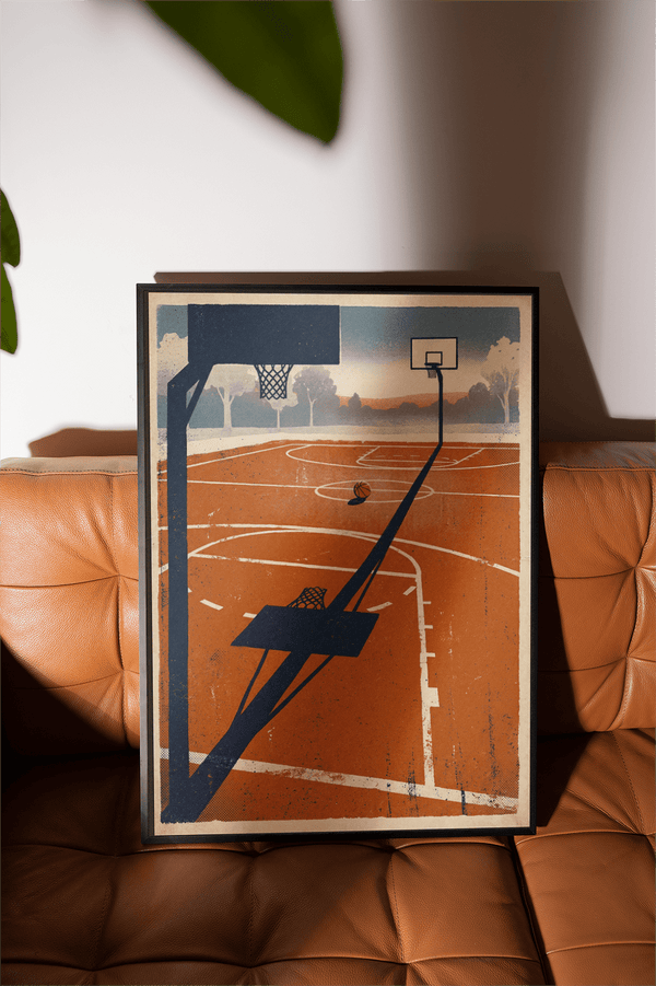 Wide perspective Outdoor Sports Wall Art poster showing two backboards and court markings