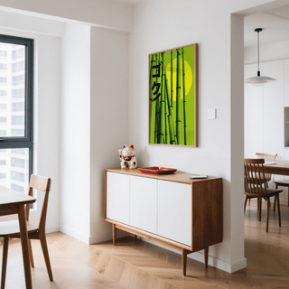 Dining room feature Green Bamboo Print, main color green, poster design