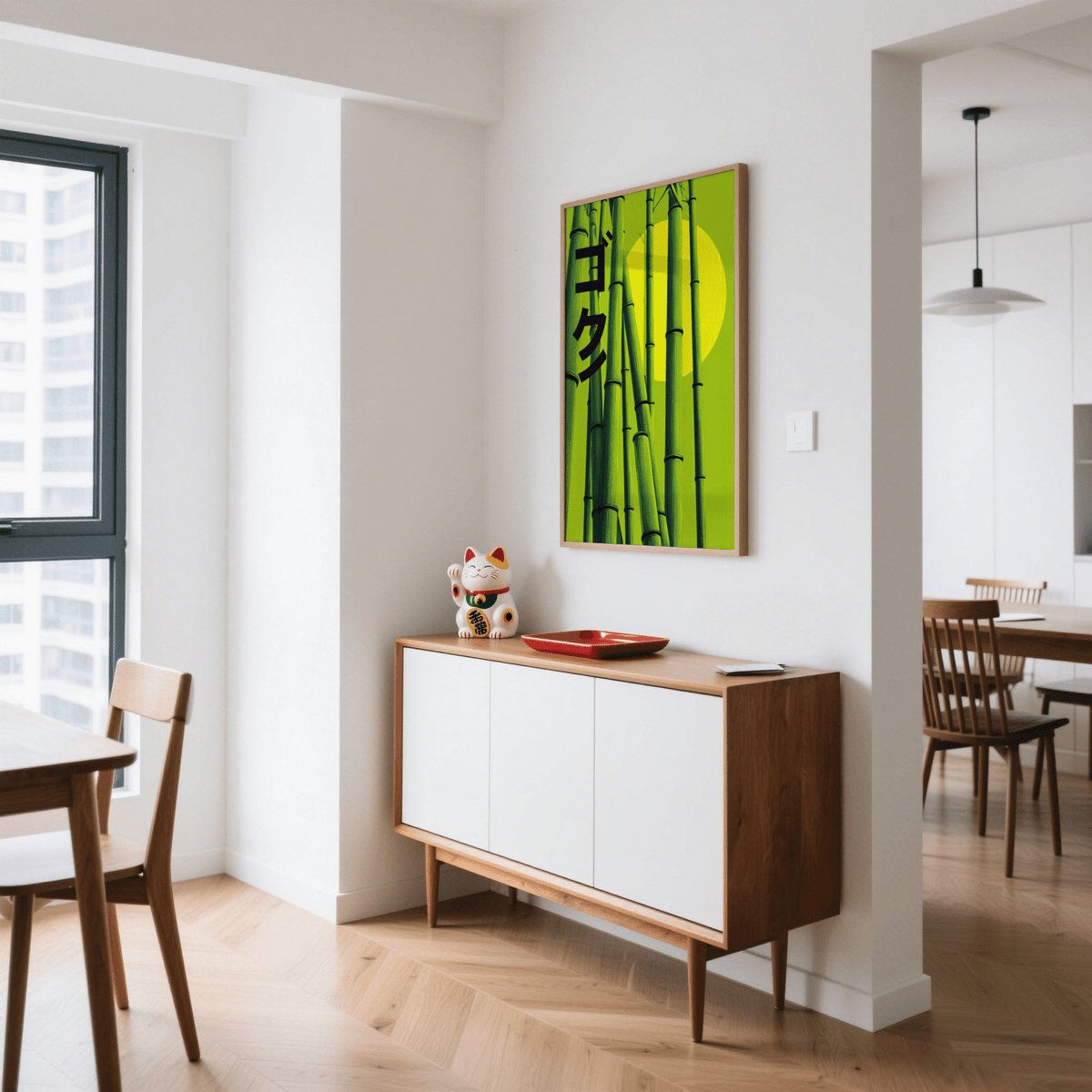 Dining room feature Green Bamboo Print, main color green, poster design
