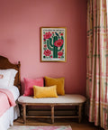 Bright boho-style Mexican Folk Art Cactus artwork with red blooms.