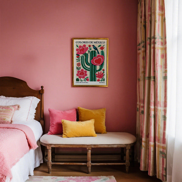 Bright boho-style Mexican Folk Art Cactus artwork with red blooms.