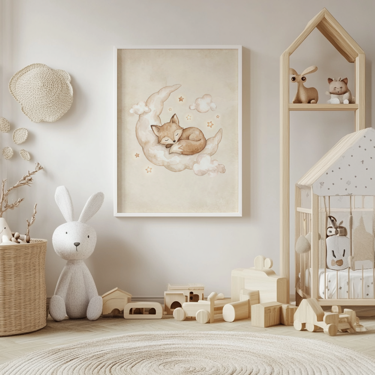 Illustrated animal wall art print featuring a curled fox on a crescent moon and tiny stars