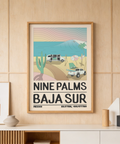 Baja Sur Wall Art illustration with surfboards lined on sand beside rolling waves