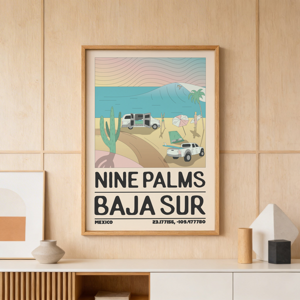 Baja Sur Wall Art illustration with surfboards lined on sand beside rolling waves