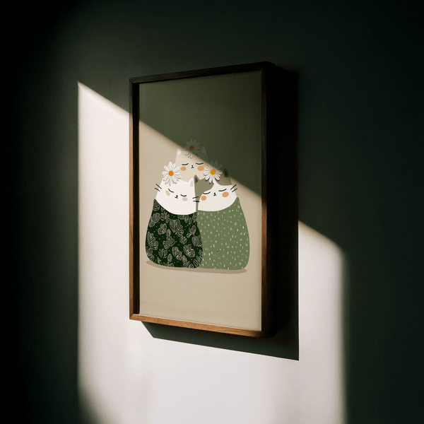 Minimalist Illustrated Cat Wall Art poster in Green, Beige, and White hues for lounge