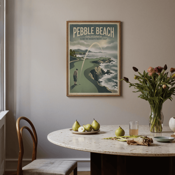 Vintage travel poster style golfer illustration facing Pacific cliffs