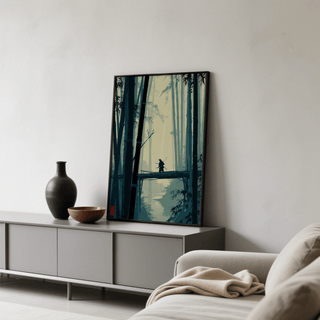 Japanese Bamboo Art Print landscape with small traveler crossing