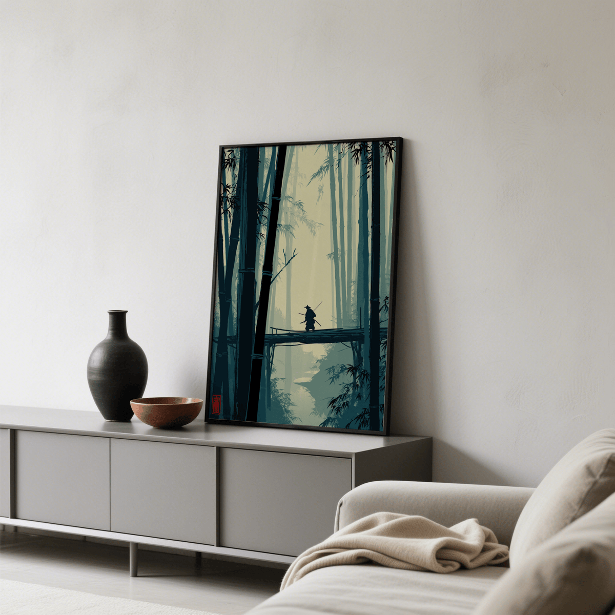 Japanese Bamboo Art Print landscape with small traveler crossing