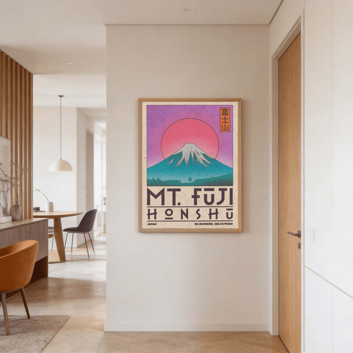 Retro Mount Fuji poster print with wave texture background and big lettering
