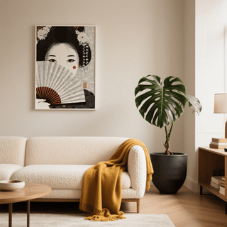Japanese Geisha Art Print featuring gray and red for bedroom decor