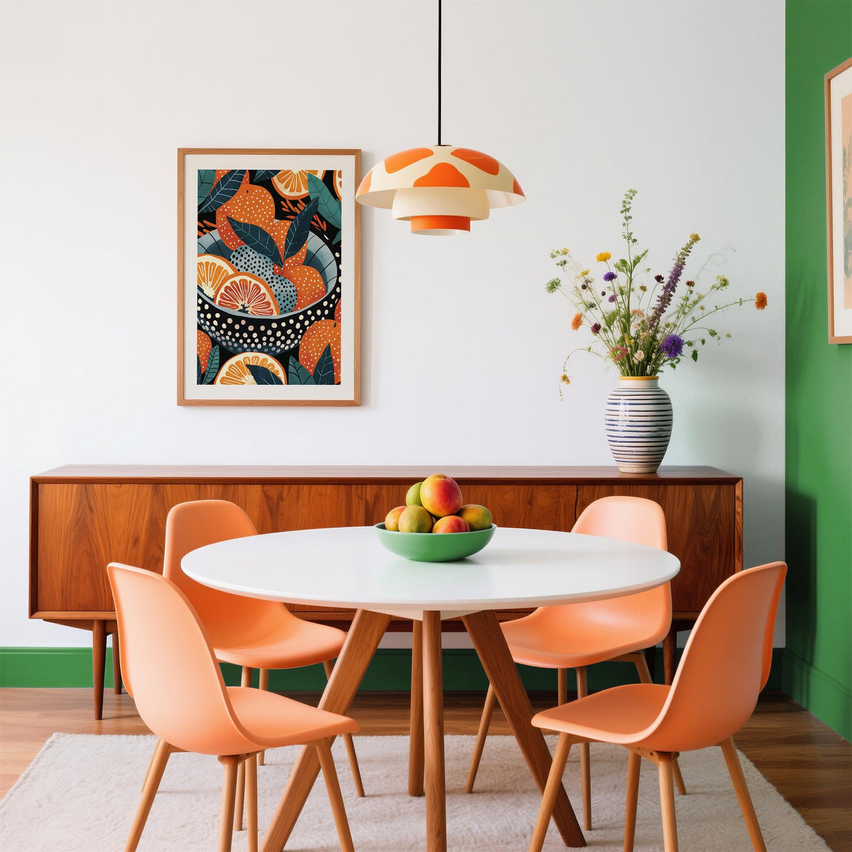 Bowl of oranges art featuring orange segments and teal botanical accents.