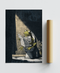 Humorous frog poster in a bathroom interior with tile pattern and heavy shadows