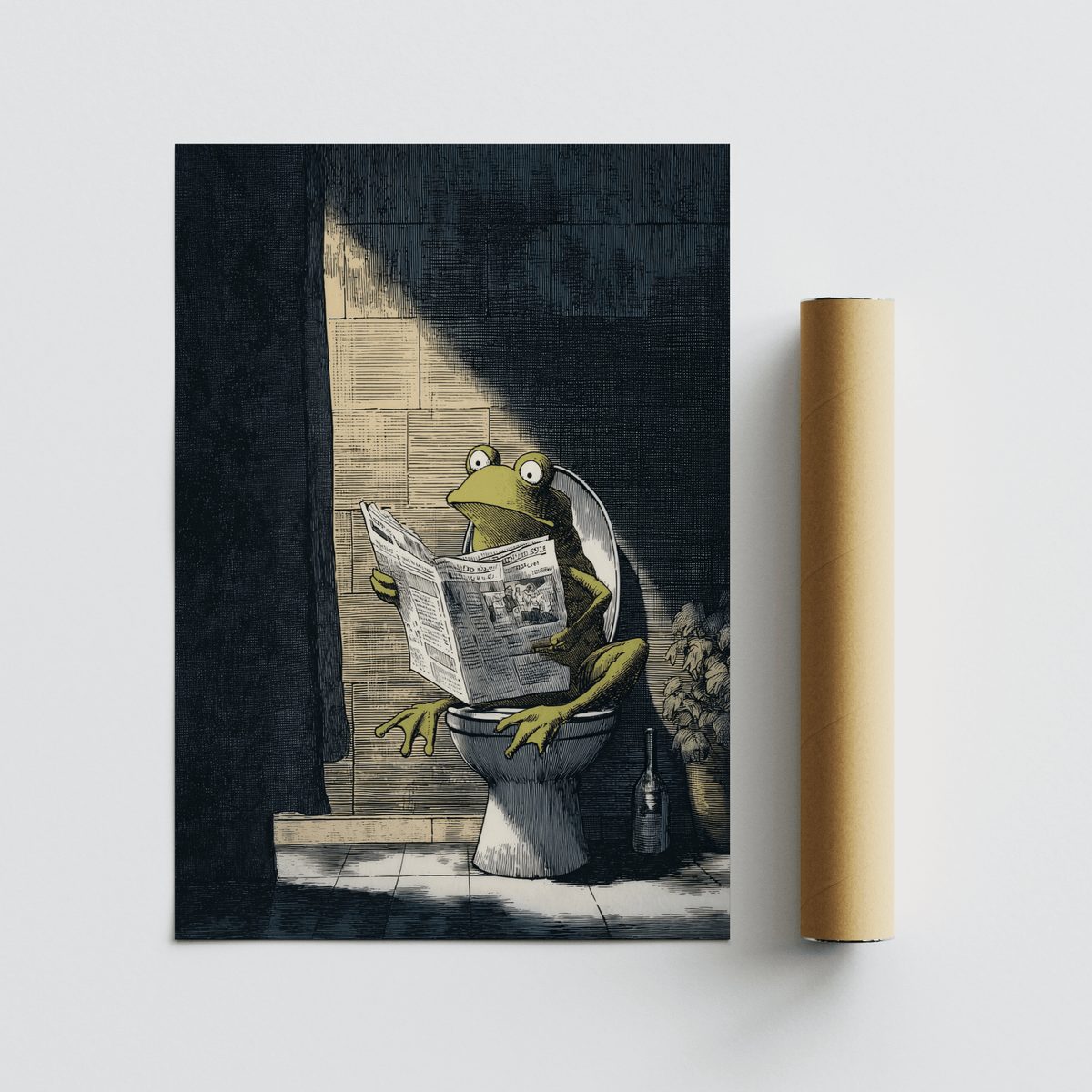 Humorous frog poster in a bathroom interior with tile pattern and heavy shadows
