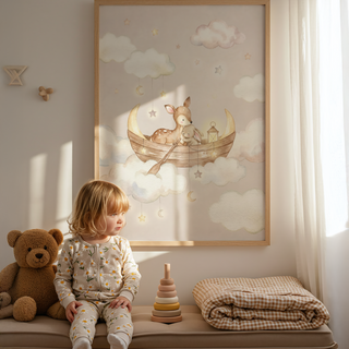 Dreamy Cute Nursery Wall Art with baby deer and bunny floating on clouds with crescent moons and stars