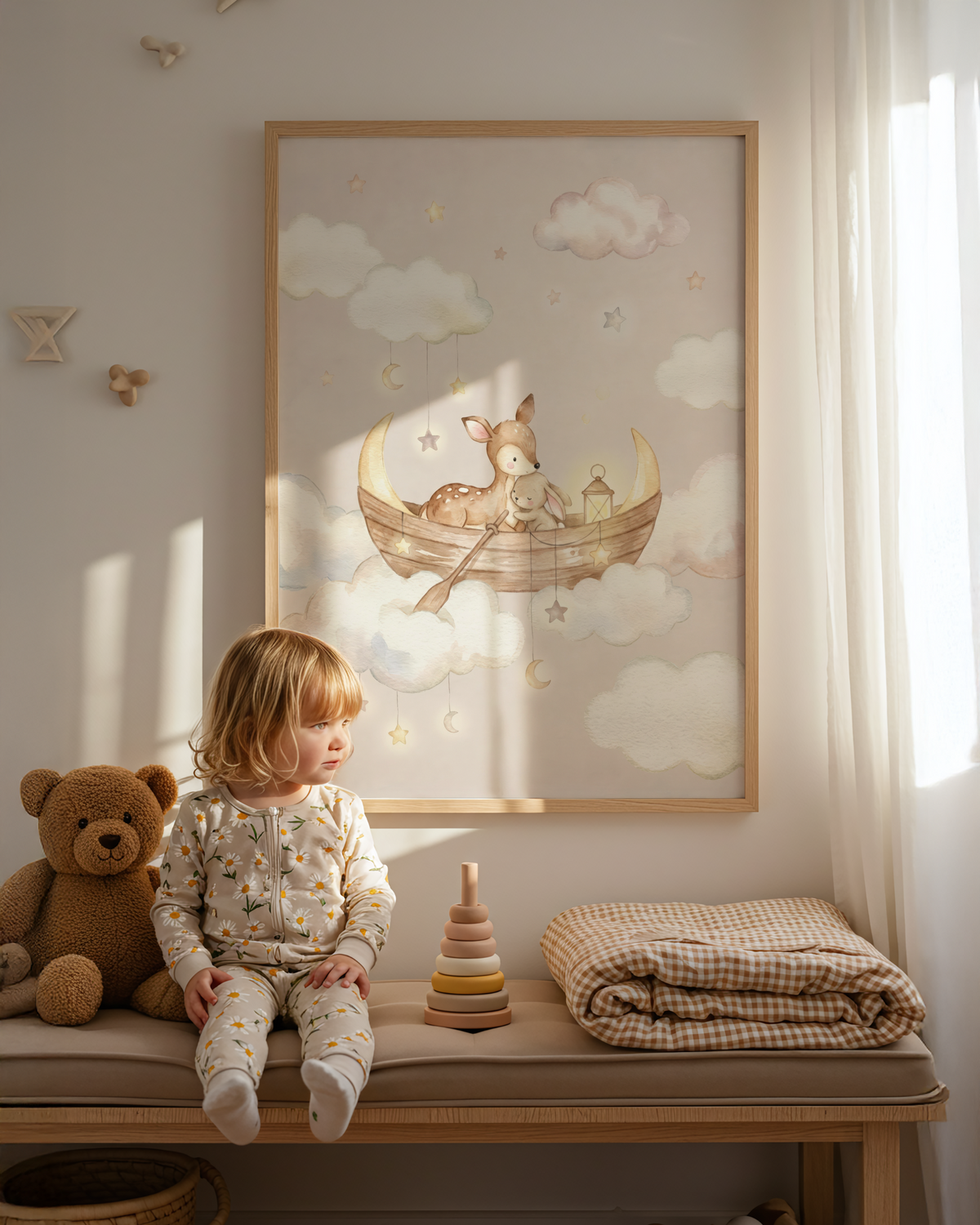 Dreamy Cute Nursery Wall Art with baby deer and bunny floating on clouds with crescent moons and stars