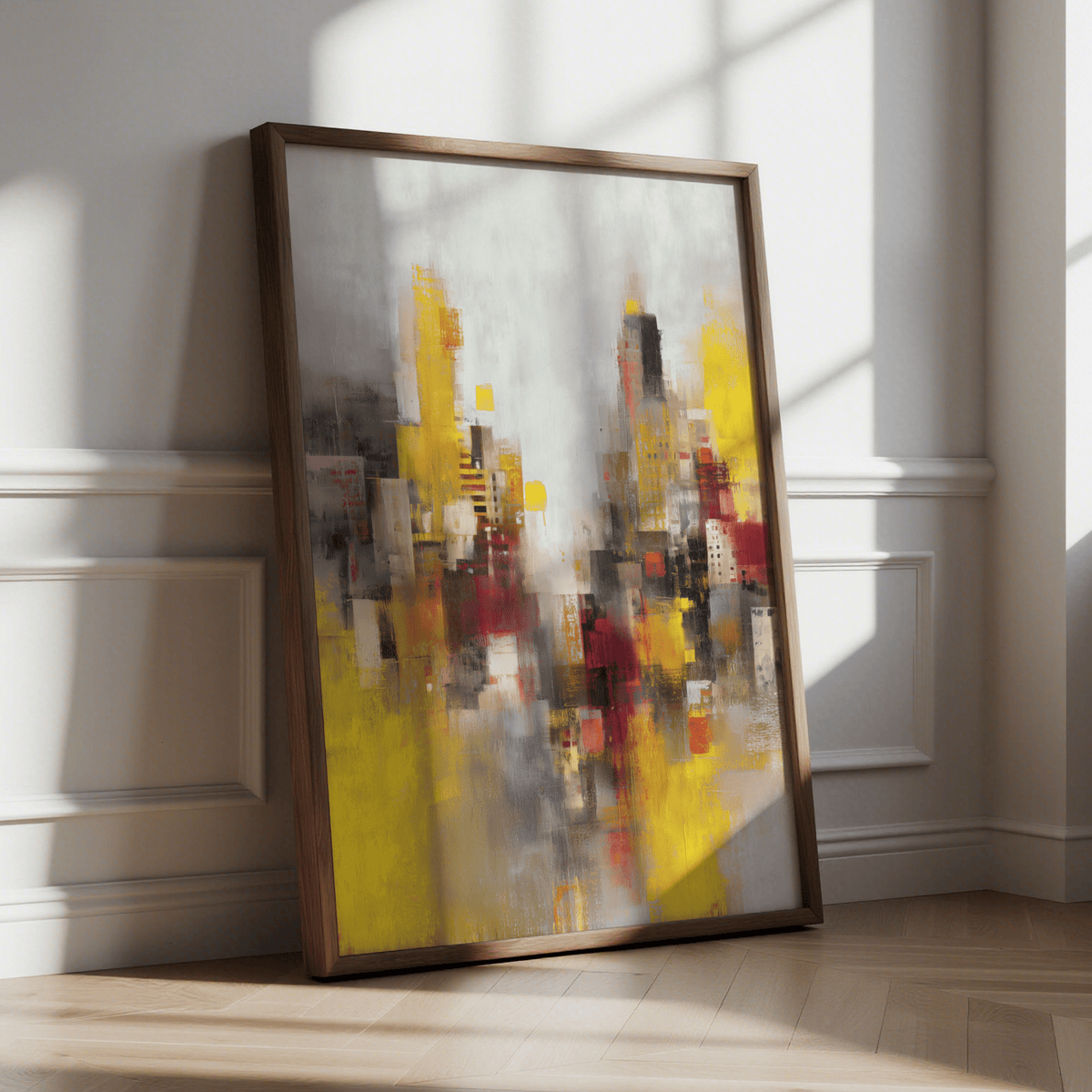 Colorful Abstract Cityscape Art Print with red, gray, and white for studio art print