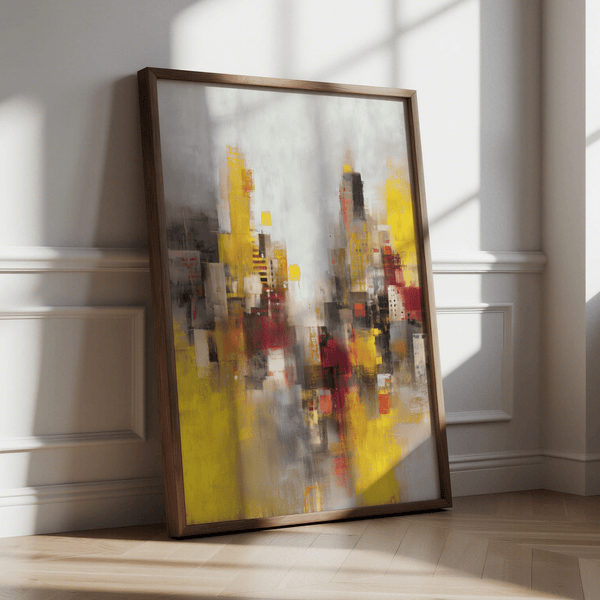 Colorful Abstract Cityscape Art Print with red, gray, and white for studio art print