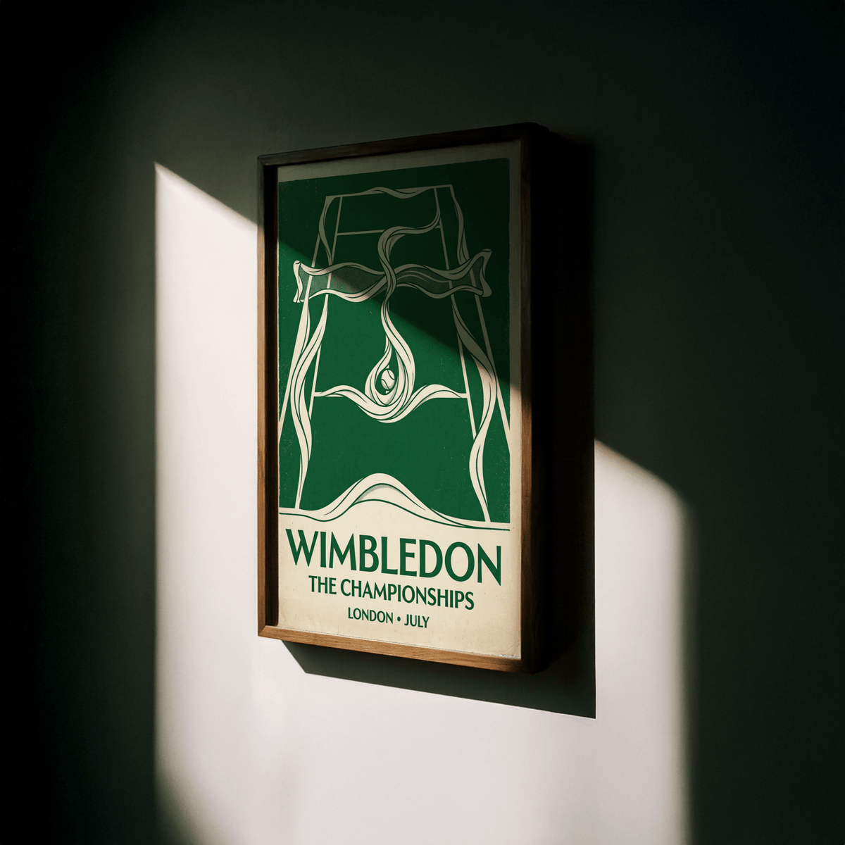 Flat lay of Wimbledon Tennis Poster featuring court lines and retro typography