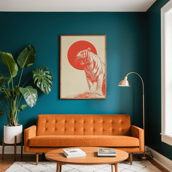 Bold Tiger Wall Art with red and beige for hallway wall art