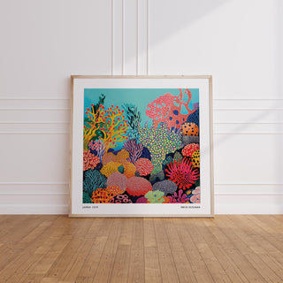 Yayoi Kusama-inspired tropical sea wall art with layered textures and aquatic hues.