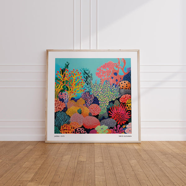 Yayoi Kusama-inspired tropical sea wall art with layered textures and aquatic hues.