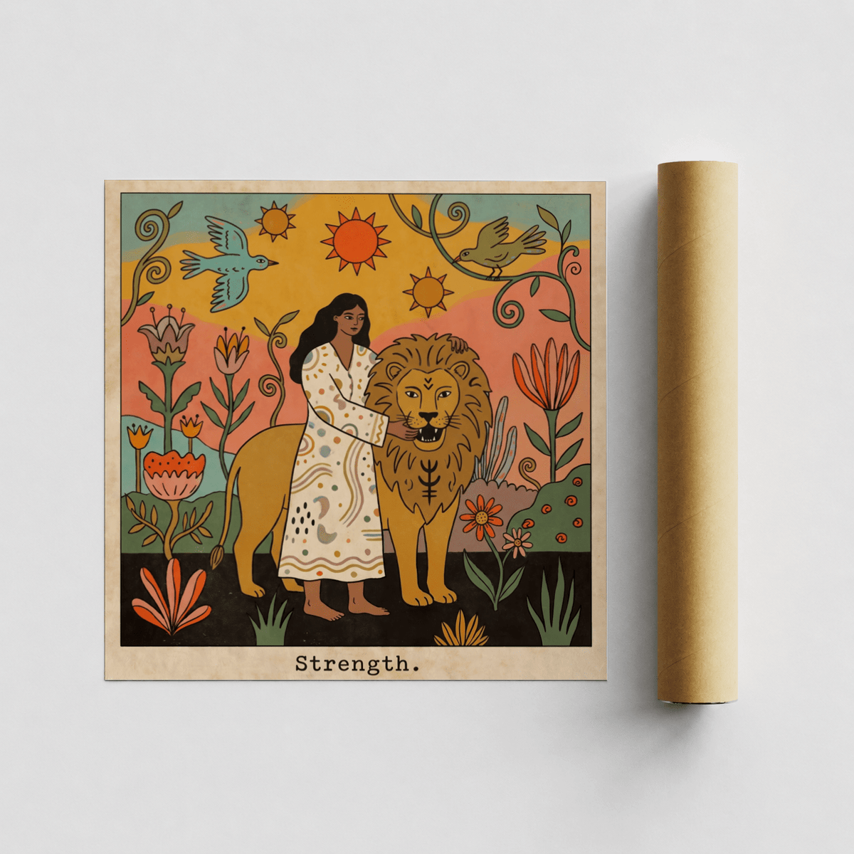 Strength Tarot Card Art square illustration with yellow and orange palette