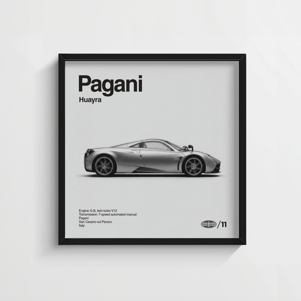 Minimalist Pagani Huayra Art Print in black and white, den wall art