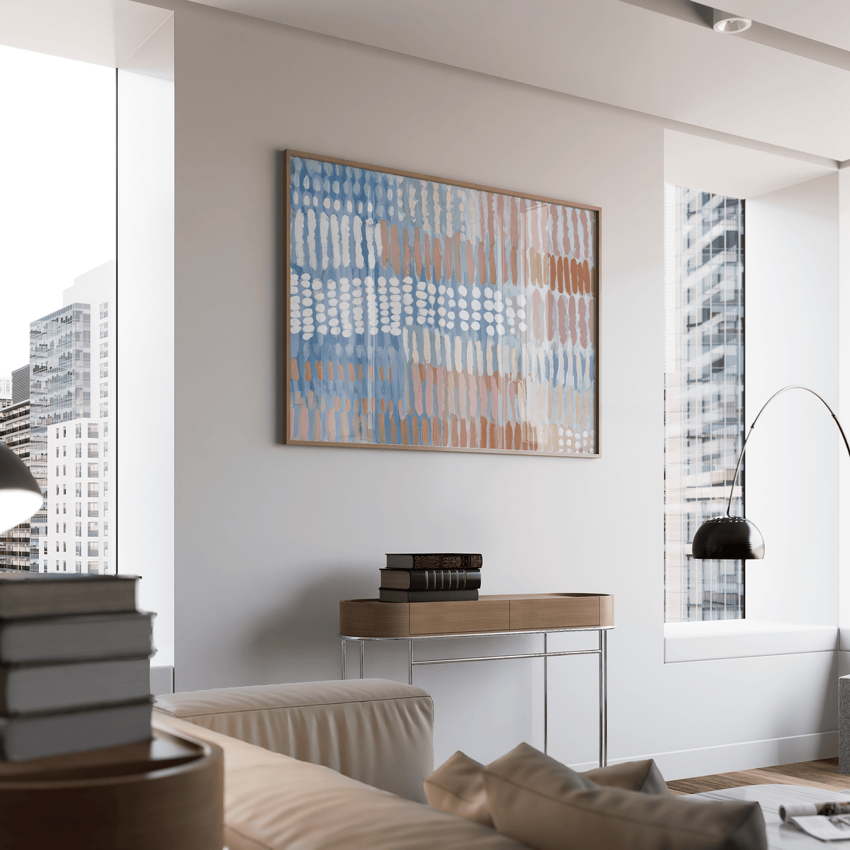 Dining room Contemporary Abstract Print wall art, Blue Pink Beige highlights