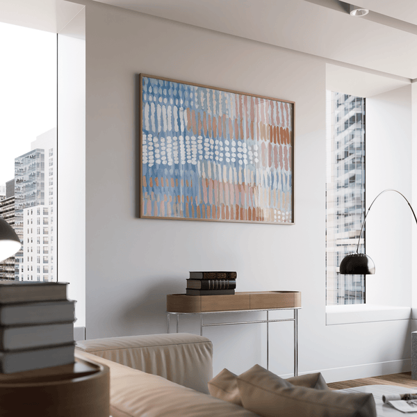 Dining room Contemporary Abstract Print wall art, Blue Pink Beige highlights