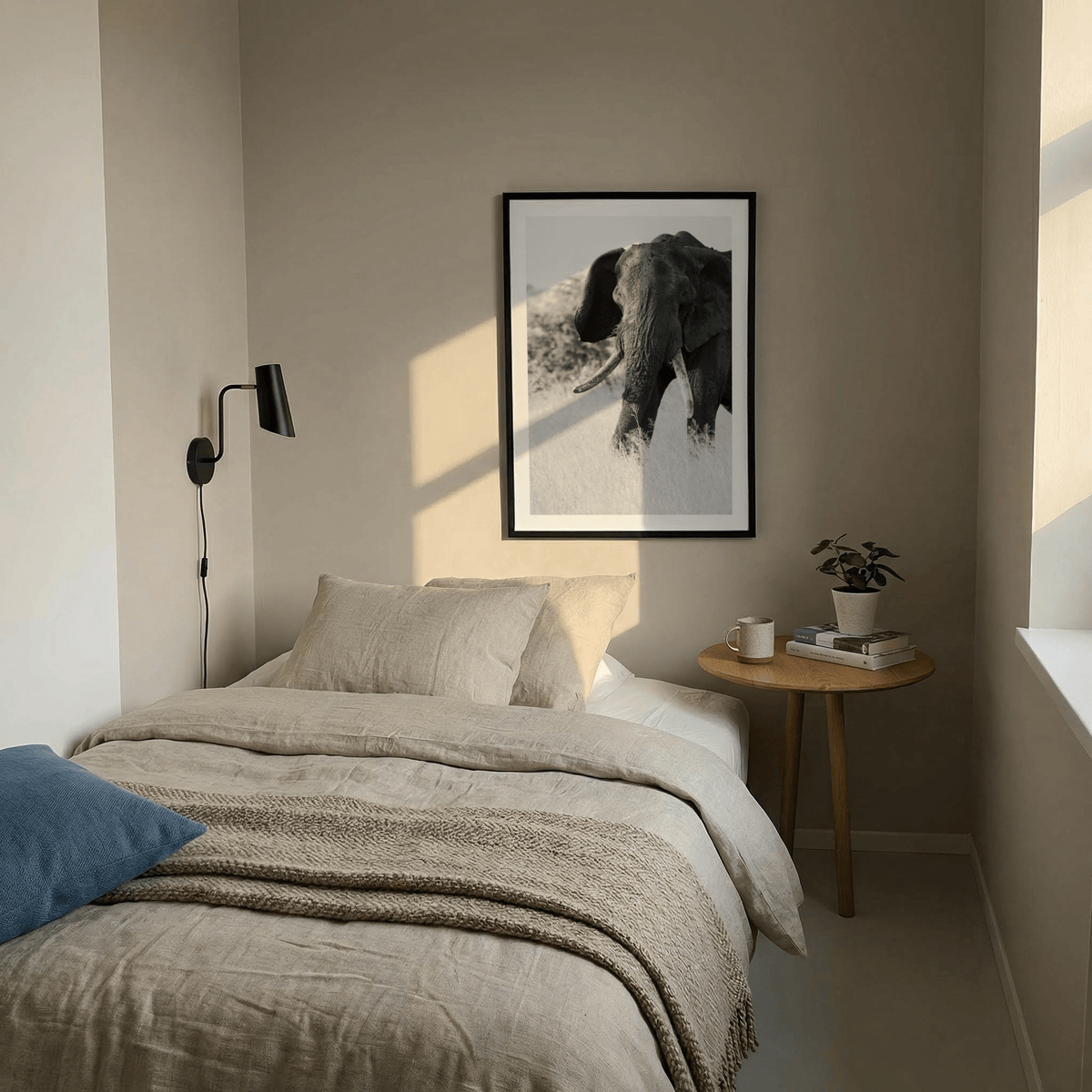 Wild elephant photography poster with soft grass foreground and blurred background