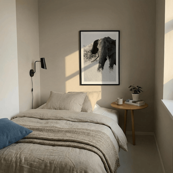 Wild elephant photography poster with soft grass foreground and blurred background