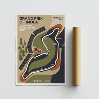 Centered track-diagram poster print with a circuit outline, typography blocks, and map-style labeled corners