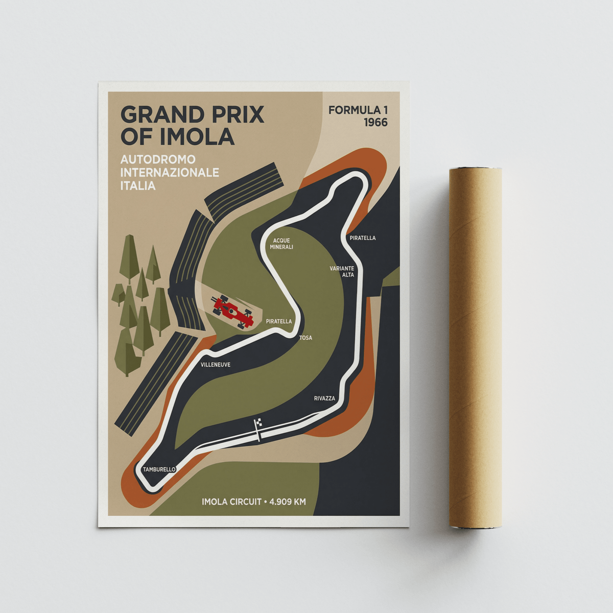 Centered track-diagram poster print with a circuit outline, typography blocks, and map-style labeled corners