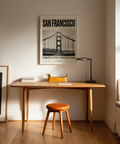 Framed Golden Gate Bridge Art Print with archival dates and monochrome palette