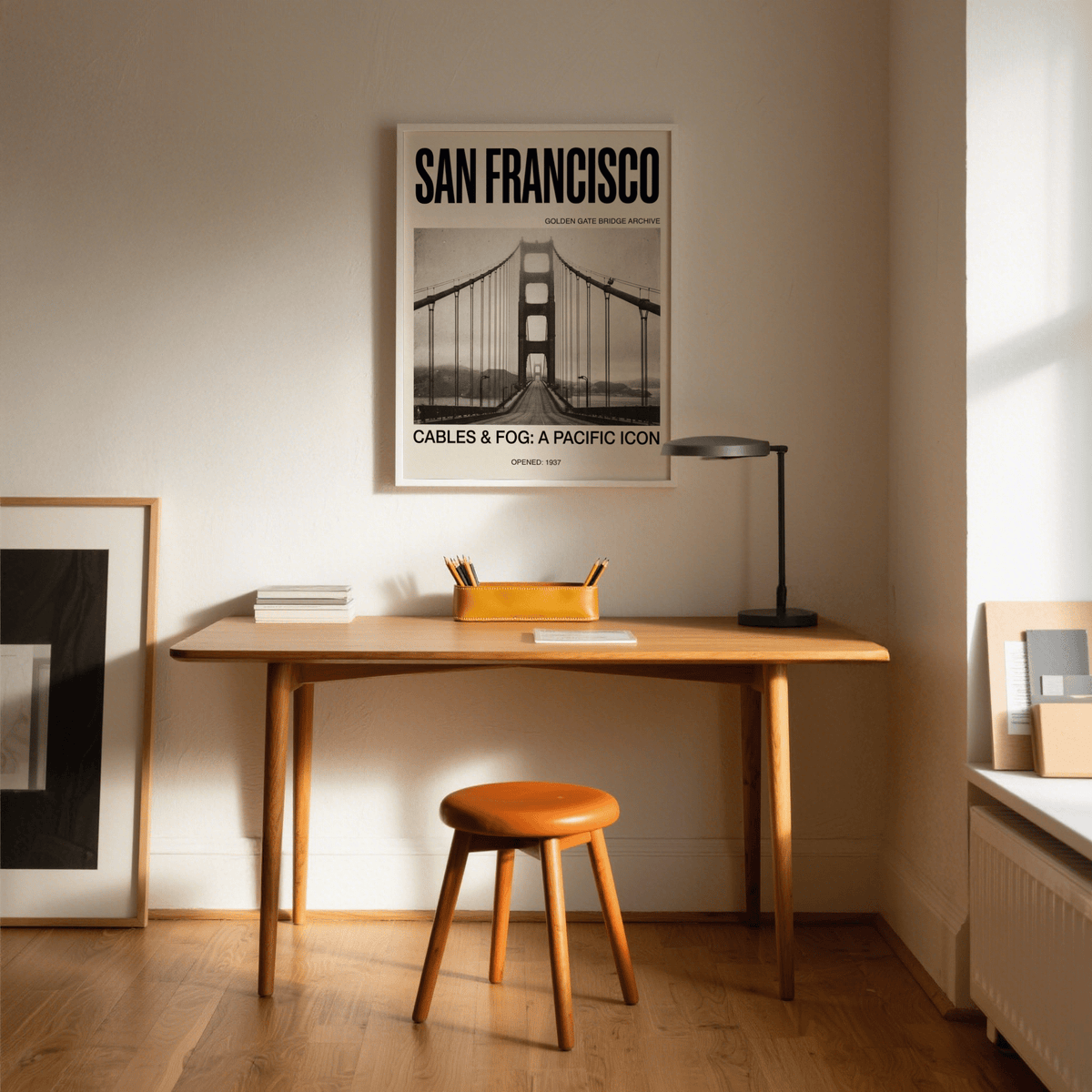 Framed Golden Gate Bridge Art Print with archival dates and monochrome palette