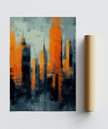 Contemporary Urban Art poster featuring bold orange, blue, and black for bedroom