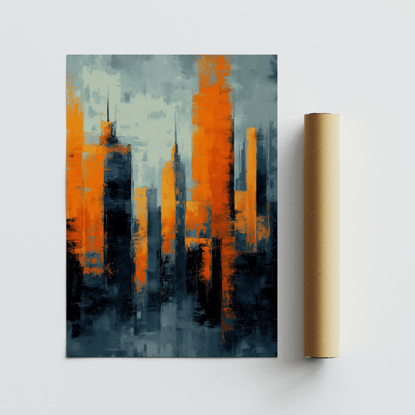 Contemporary Urban Art poster featuring bold orange, blue, and black for bedroom