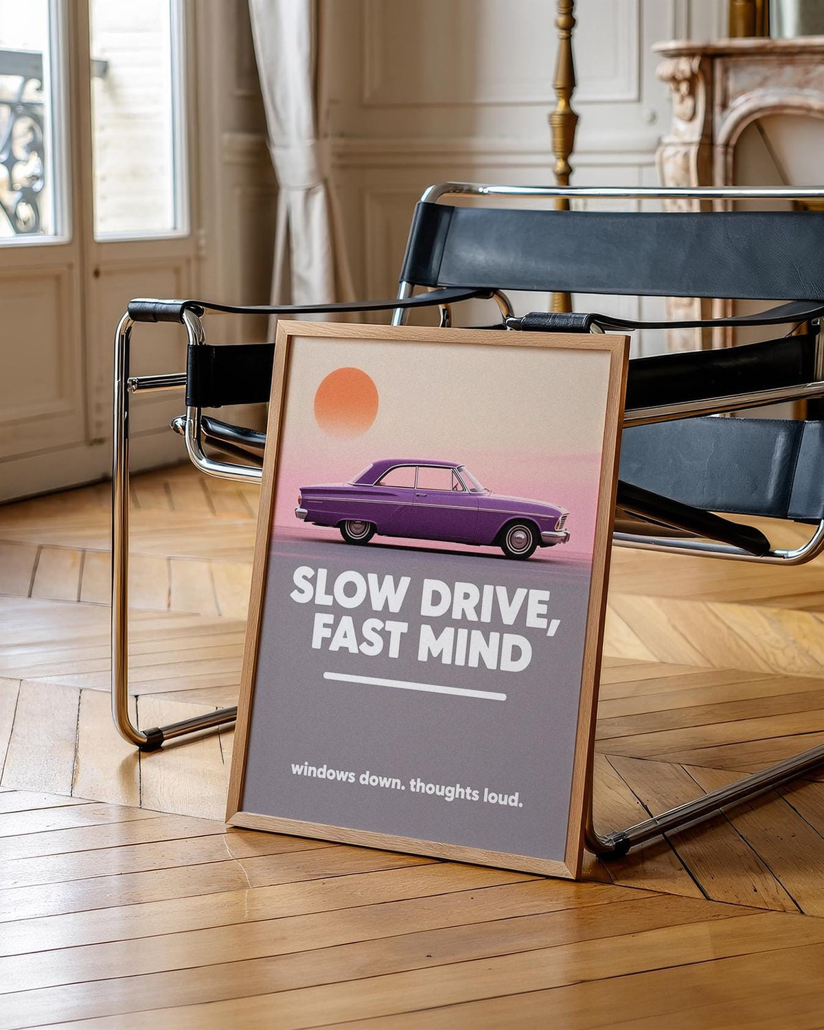 Artistic Vintage Car Wall Art in a muted sunset color scheme for stylish interiors.