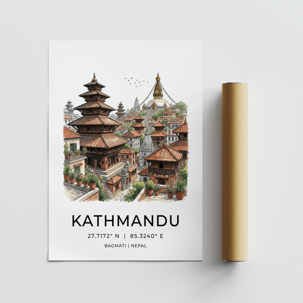 Pen-and-ink style travel wall art depicting temples, flags, and dense neighborhood buildings