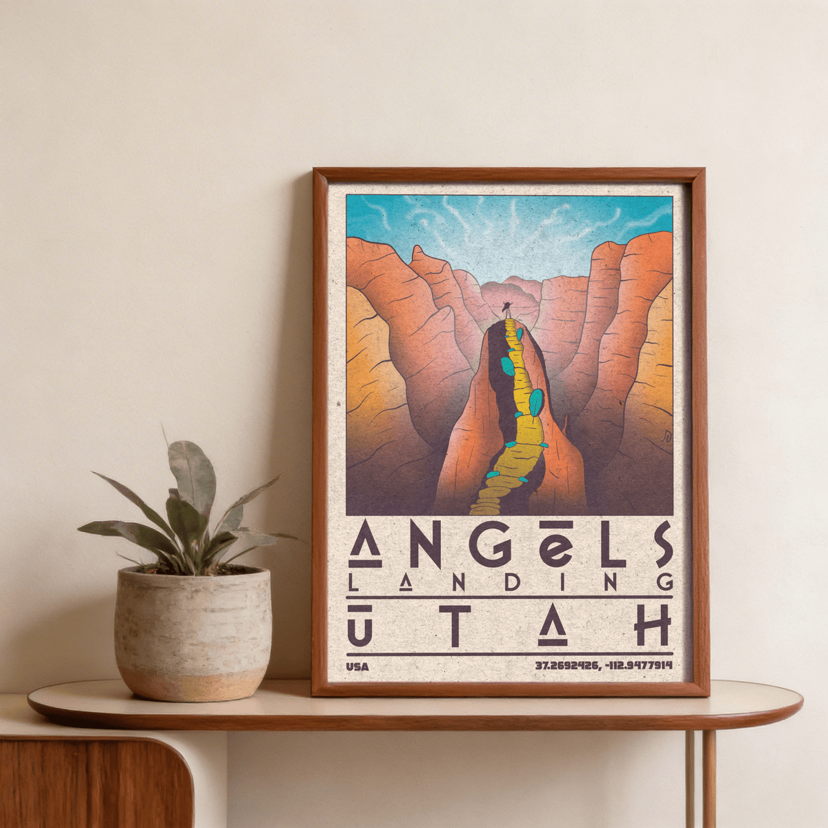 Geometric typography travel print reading Angels Landing Utah with coordinate-style numbers