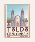 Front view of Telde Gran Canaria Art Print travel poster with cathedral towers and big TELDE text