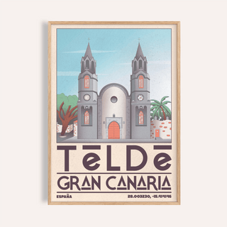 Framed Telde Gran Canaria art print of a cathedral facade with blue sky and typographic text